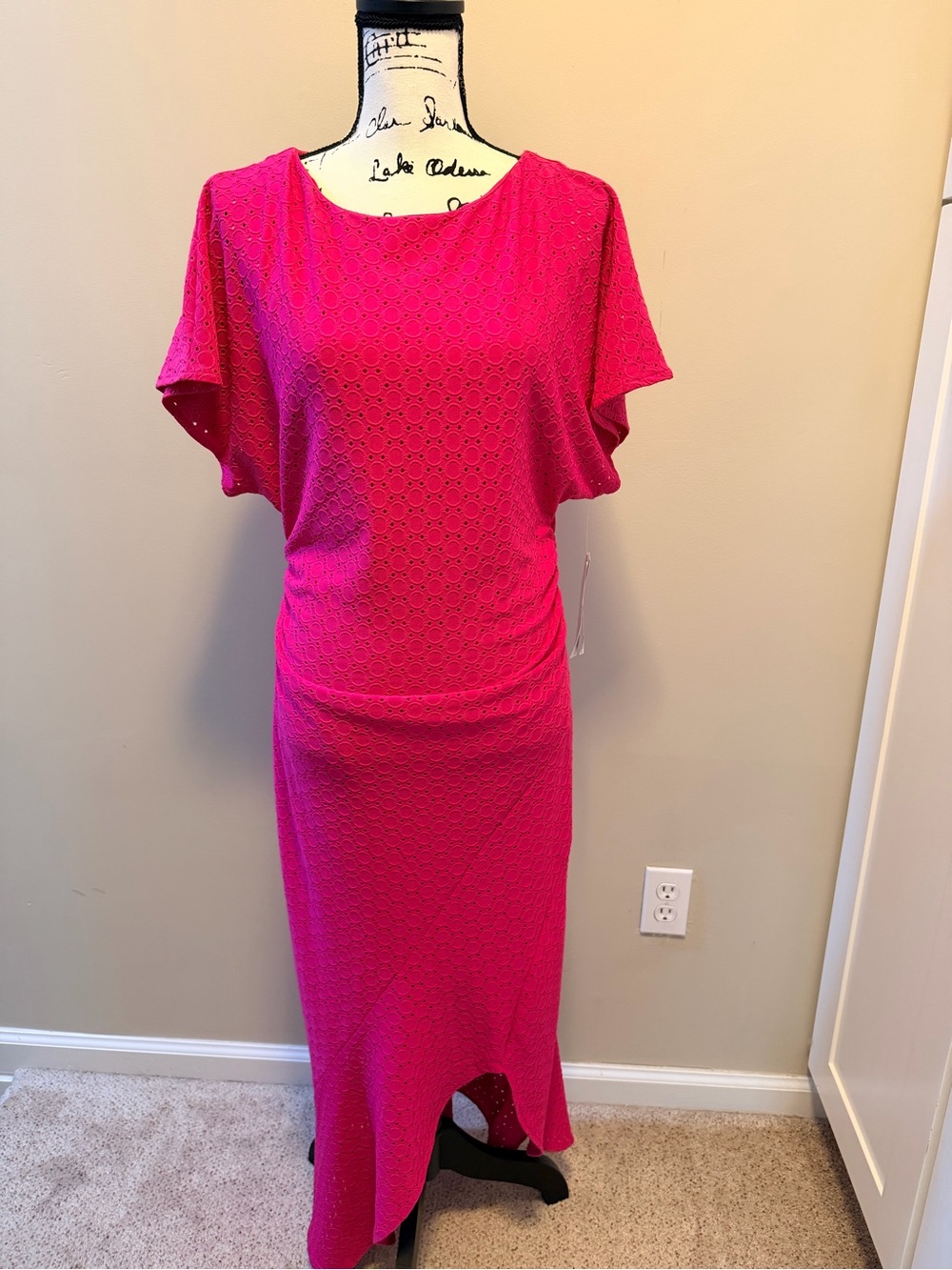 London Times Bright Pink Maxi Dress with Eyelet Detail